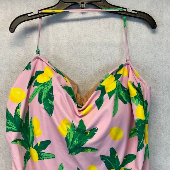 J.CREW One Piece Bathing Suit Women's Swimsuit 2X Pink Yellow Lemon Print Halter - Picture 3 of 12